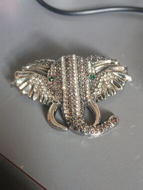Silver Elephant Rhinestone Brooch with Green Eyes